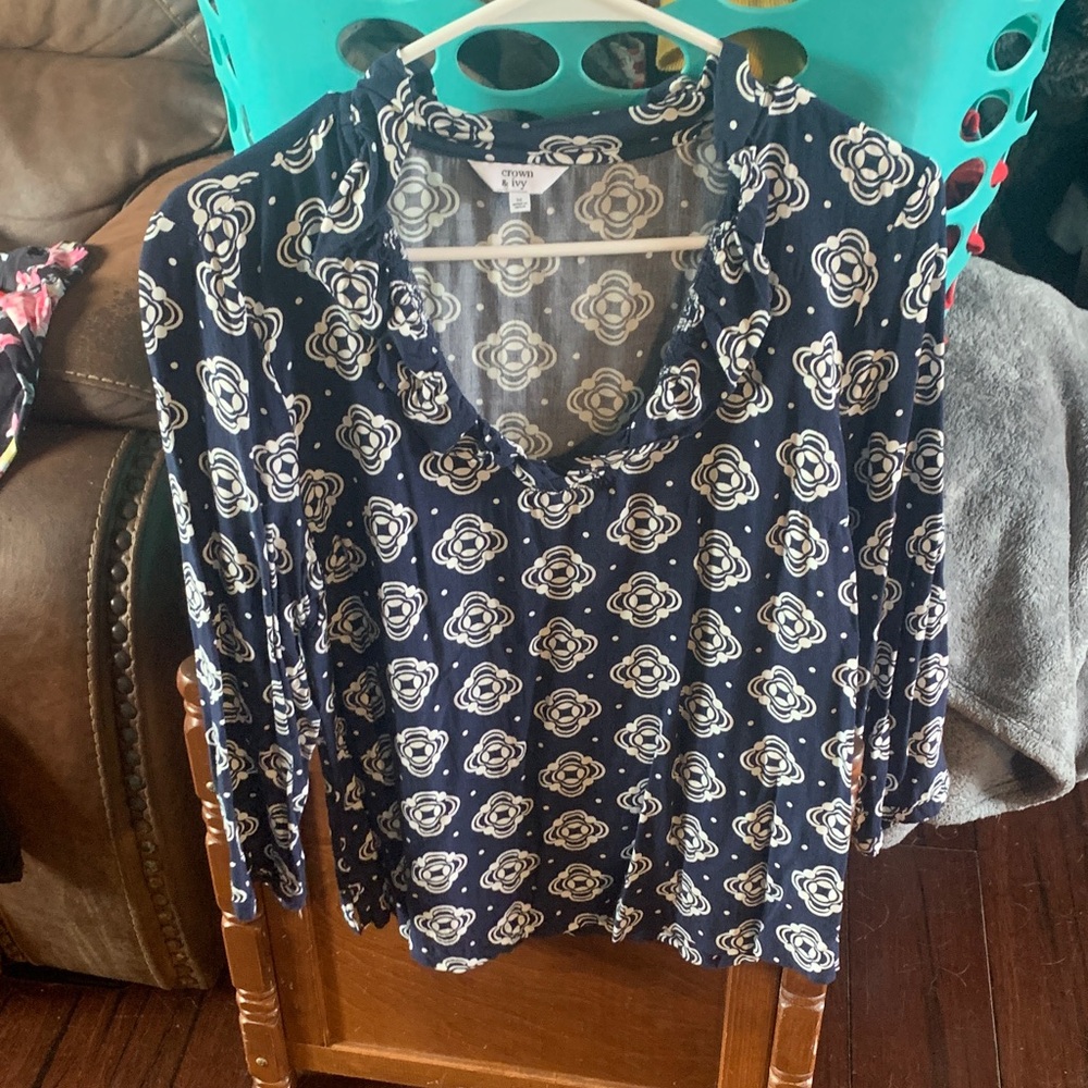 Tory Burch Navy and White Floral Blouse